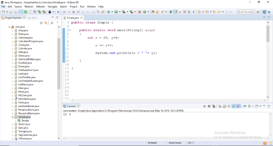 Java workspace-Assignments/src/com/java/Simple.java-Eclipse DE File Edit Source Refactor Refactr Navigate Search Project Run