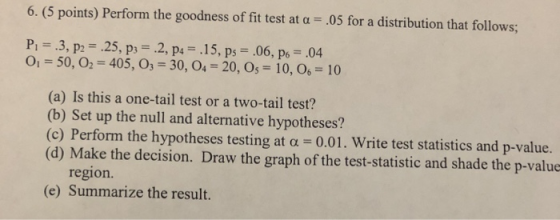 6. (5 points) Perform the goodness of fit test at a .05 for a distribution that follows; P,-.3, p2-25, p,-2, p,-. 15, ps .06,