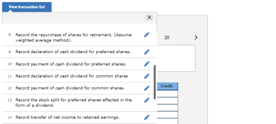 View transaction list 8 Record the repurchase of shares for retirement. (Assume weighted average method). 9 Record declaratio