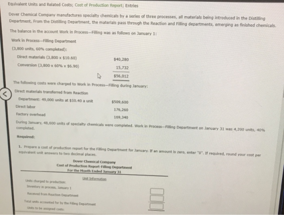 Equivalent Units and Related Costs; Cost of Production Report; Entries Dover Chemical Company manufactures specialty chemical
