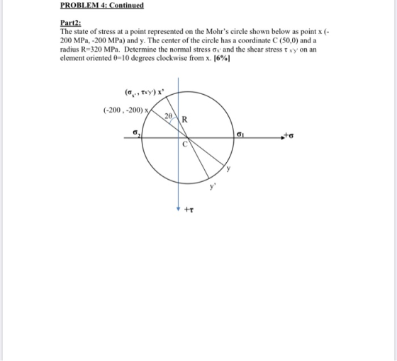 PROBLEM 4: Continued Part2: The state of stress at a point represented on the Mohrs circle shown below as point X (- 200 MPa