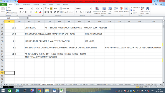 Home nert Page Layout Formulas Data Review View dd-Ins Cut Σ AutoSum ー E ゴWrap Text aCopy B า 프 . Ej-., Δ. : r_一 逻锂函Merge & Center. $, % , 弼,8 Paste Conditional Format CeInsert Delete Format Formatting, as Table w styles. ▼ ㆆ ▼ Sort &Find & 2 ClearFe Select Edting Format Painter Clipboard Font Alignment Number Styles Cells DI40 DI DJ DK DL DM DN DO DP DQ DR DS DT DU DV DW 25 26 27 28 29 30 31 32 15 d DEBT RATIO AS IT SHOWS HOW MUCH IS FINANCED THROUGH EQUITY & DEBT 14 c THE COST OF A NEW ACCESS ROAD PUT IN LAST YEAR IT IS A SUNK COST 7 d IRR HAS TO BE GREATER THAN COST OF CAPITAL IRR > COC 8 d THE SUM OF ALL CASHFLOWS DISOCUNTED AT COST OF CAPITAL IS POSITIVE NPV = PV OF ALL CASH INFLOW-PV OF ALL CASH OUTFLOW 34 35 36 37 38 39 40 41 42 43 (4 トト1 | IRRnpv , RATION PBP ARR . external rate 11 d AS TOTAL NPV IS HIGHEST 5000+500015000+3000 28000 AND TOTAL INVESTMENT IS 90000 MIRR NpV IRR , REPLACEMENT S / HPR GMAM , EAC MACRS RATIOCASHBUDGET acc BOND CEPS EBIT- REPLACEMENT- STats- - erences: NI296 05:24 06-01-2019