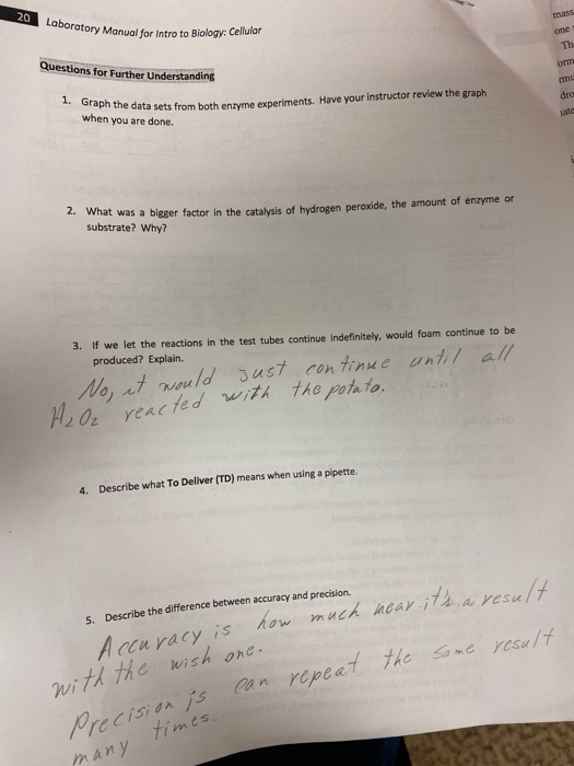 20 Laboratory Monua otory Manual for Intro to Biology: Cellular one Th om Questions for further Understanding 1. Graph the da