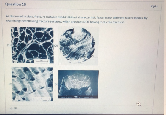 Question 18 2 pts As discussed in class, fracture surfaces exhibit distinct characteristic features for different failure mod