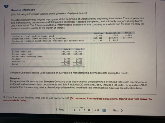Required information (The following information applies to the questions displayed below) Sweeten Company had no jobs in prog
