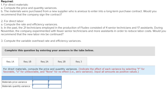 Required: 1. For direct materials: a. Compute the price and quantity variances. b. The materials were purchased from a new su