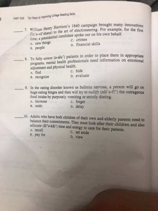 PART ONE Ten Steps to improving College Readling Skills Henry Harrisons 1840 campaign brought many innovations ring. For exa