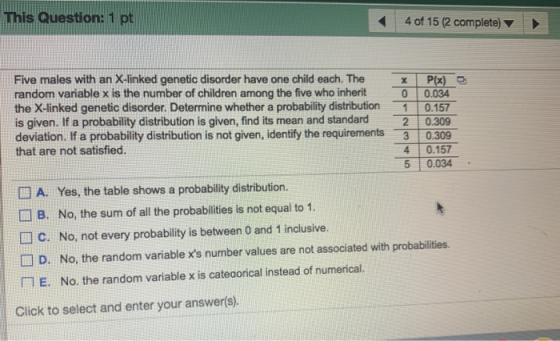This Question: 1 pt 4 of 15 (2 complete) Five males with an X-linked genetic disorder have one child each. The random variabl