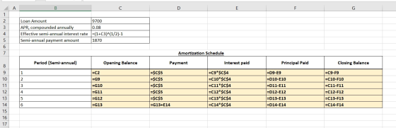 A B с D E F G 1 2 3 Loan Amount 9700 APR, compounded annually 0.08 Effective semi-annual interest rate =(1+C3)^(1/2)-1 Semi-a