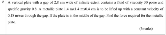 2 A vertical plate with a gap of 2.8 cm wide of infinite extent contains a fluid of viscosity 30 poise and specific gravity 0