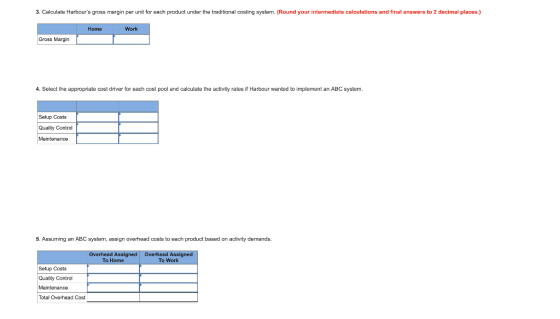 3. Calculate Harbours gross margin per unit for each product under the traditional costing system. (Round your intermediate