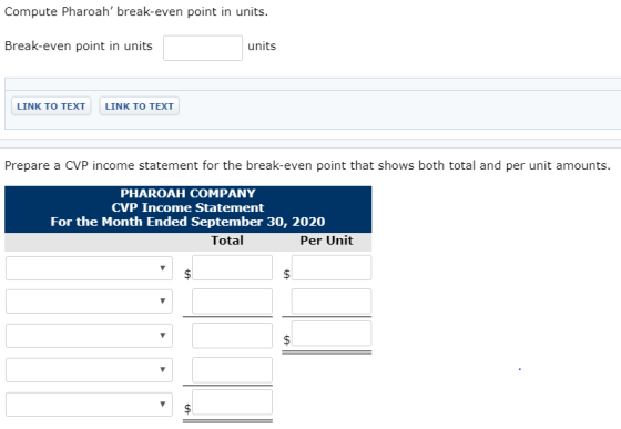 Compute Pharoah break-even point in units. Break-even point in units units LINK TO TEXT LINK TO TEXT Prepare a CVP income st