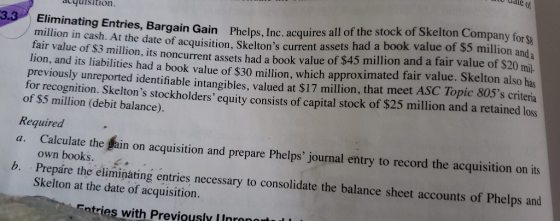 uate acqdisition Eliminating Entries, Bargain Gain Phelps, Inc. acquires all of the stock of Skelton Company for $ million in cash. At the date of acquisition, Skeltons curr fair value of S3 million, its noncurrent assets had a book value of $45 million and a fair value of $20 mil lion, and its liabilities had a book value of $30 million, which approximated fair value. Skelton also has previously unreported identifiable intangibles, valued at $17 million, that meet ASC Topic 805s criteria for recognition. Skeltons stockholdersequity consists of capital stock of $25 million and a retained loss of $5 million (debit balance). ent assets had a book value of $5 million anda Required a. Calculate the fain on acquisition and prepare Phelps journal entry to record the acquisition on its b. Prepare own books. the eliminating entries necessary to consolidate the balance sheet accounts of Phelps and Skelton at the date of acquisition. Entries-with Previously unreported