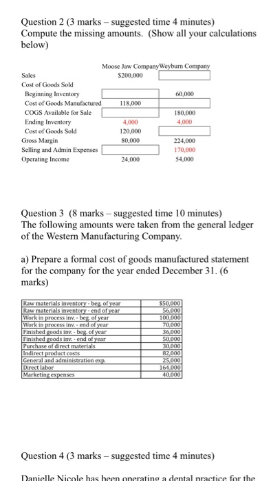 Question 2 (3 marks - suggested time 4 minutes) Compute the missing amounts. (Show all your calculations below) Moose Jaw Com