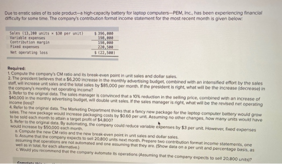 Due to erratic sales of its sole product-a high-capacity battery for laptop computers-PEM, Inc., has been experiencing financ