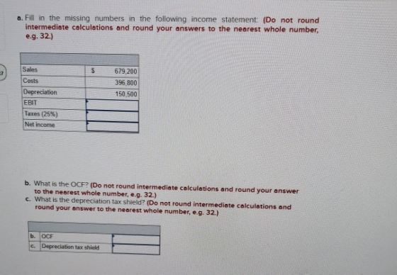 a. Fill in the missing numbers in the following income statement: (Do not round intermediate calculations and round your answ