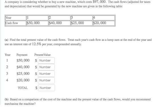 A company is considering whether to buy a new machine, which costs $97,000. The cash flows (adjusted for taxes and depreciation) that would be generated by the new machine are given in the following table: Year Cash flow$50, 000 $40, 000 5,000 $20, 000 (a) Find the total present value of the cash flows. Treat each years cash flow as a lump sum at the end of the year and use an interest rate of 12.5% per year, compounded annually. Year Payment Present Value 1 $50,000 Number 2 $40,000 Number 3 $25,000 Number 4 $20,000 Number TOTALNumber b) Based on a comparison of the cost of the machine and the present value of the cash flows, would you recommend purchasing the machine?