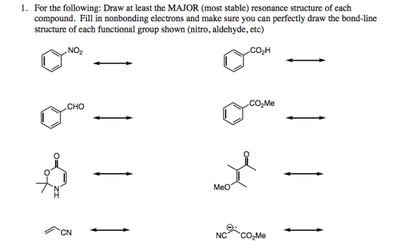 1. For the following: Draw at least the MAJOR (most stable) resonance structure of each compound. Fill in nonbonding electrons and make sure you can perfectly draw the bond-line structure of each functional group shown (nitro, aldehyde, etc) CO2Me C0 Meo CN NCCO2Me