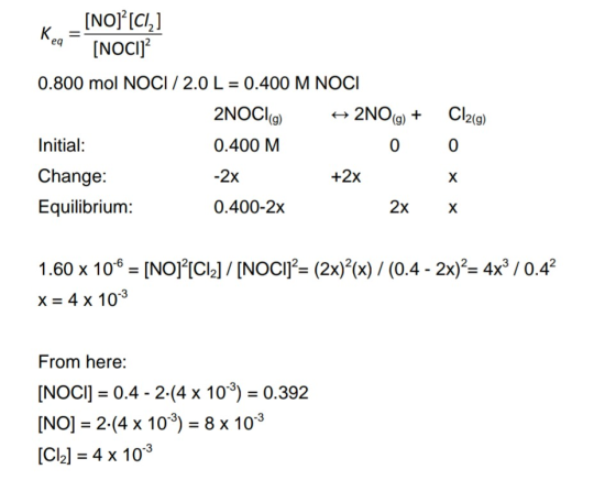 K – [NO]”[CI] [NOCIJ? 0.800 mol NOCI / 2.0 L = 0.400 M NOCI 2NOCIO) + 2NO(g) + Initial: 0.400 M 0 Change: +2x +2x Equilibrium