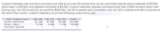 Custom Cabinetry has one job in process (Job 120) as of June 30, at that time, its job cost sheet reports direct materials of