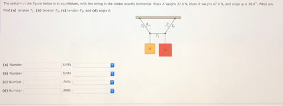 The system in the figure below is in equilibrium, with the string in the center exactly horizontal Block A weighs 37.0 N, blo