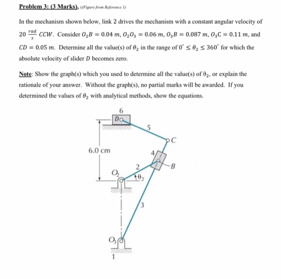 Problem 3: (3 Marks), ((Figure from Reference !) In the mechanism shown below, link 2 drives the mechanism with a constant an