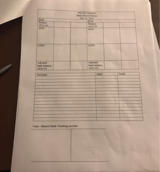 Balance 10/31/19 ADD Old City Antiques Bank Reconciliation Oct. 31. 2019 Book Balance 10/31/19 ADD: LESS: Adjusted bank balan