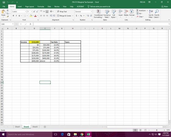 FIN 313 Marginal Tax Example - Excel PEDAS - 0 x File Page Layout Formulas Data Review View Help ACROBAT Tell me what you wan