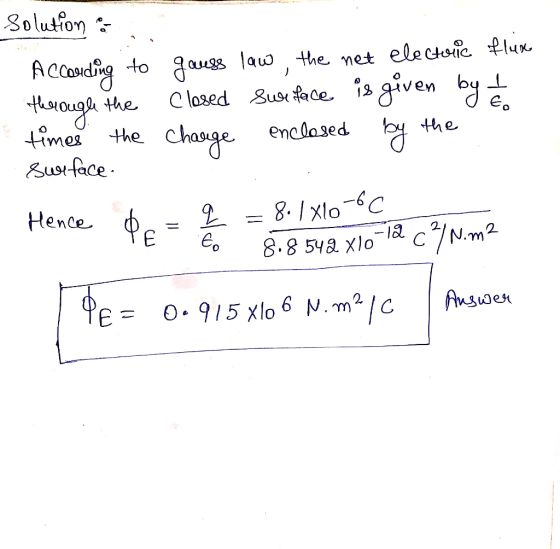 Solution : According to through the * times the surface. gauss law, the net electric fline closed surface is given by £ charg
