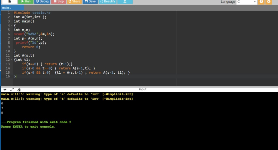 Run Debug Stop Share H Save Beautify Language C main.c 1 #include <stdio.h> 2 int A(int,int); 3 int main() 4- 5 int min; 6 sc