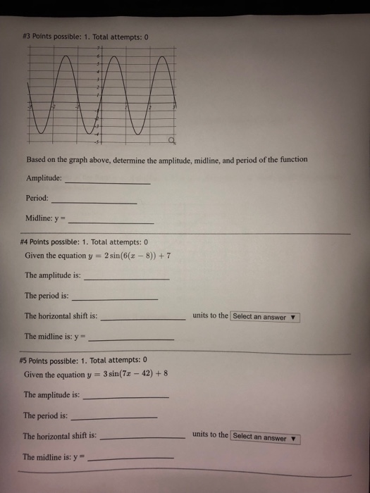 #3 Points possible: 1, Total attempts: O Based on the graph above, determine the amplitude, midline, and period of the functi
