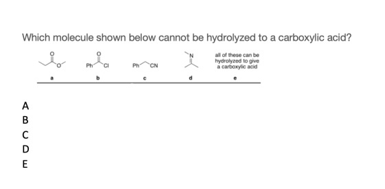 Which molecule shown below cannot be hydrolyzed to a carboxylic acid? all of these can be hydrolyzed to give a carboxylic aci