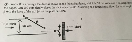 03: Water flows through the duct as shown in the following figure, which is 50 em wide and 1 m deep into the paper. Gate BC completely closes the duct when p-90°. Assuming one dimensional flow, for what angle ß will the force of the exit jet on the plate be 3 kN? 1.2 m/s 50 om F-3kN