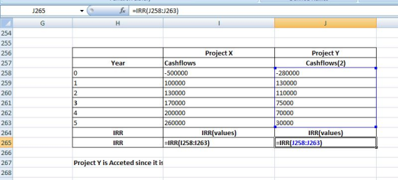 J265 Fax =IRR(J258:J263) Year CON Project X Cashflows -500000 100000 130000 170000 200000 260000 IRR(values) =IRR(1258:1263)