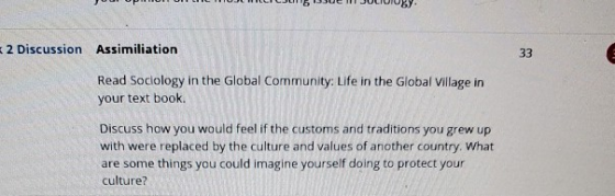 .-.-. -.-.-. .LJI IJUE JULIUIUS. 2 Discussion Assimiliation Read Sociology in the Global Community: Life in the Global Villag