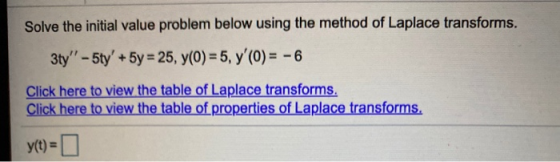 Solve the initial value problem below using the method of Laplace transforms. 3ty -5ty + 5y = 25, y(0) = 5, y(0) = -6 Cli