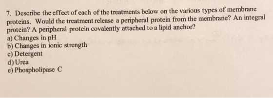 7. Describe the effect of each of the treatments below on the various types of membrane proteins. Would the treatment release