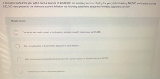 A company started the year with a normal balance of $75,000 in the Inventory account. During the year, debits totaling $48,50