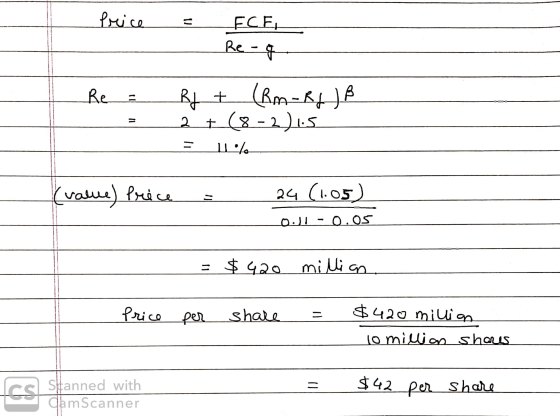 Price = _ECE, Re-q - Re = = R + (Rm - Rg Jß 2 + (8-2) 65 (value) Price = 24 (1.05) ol-0.05 = $420 million Price per share = $