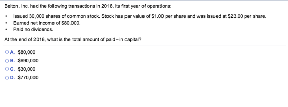 Belton, Inc. had the following transactions in 2018, its first year of operations: • Issued 30,000 shares of common stock. St