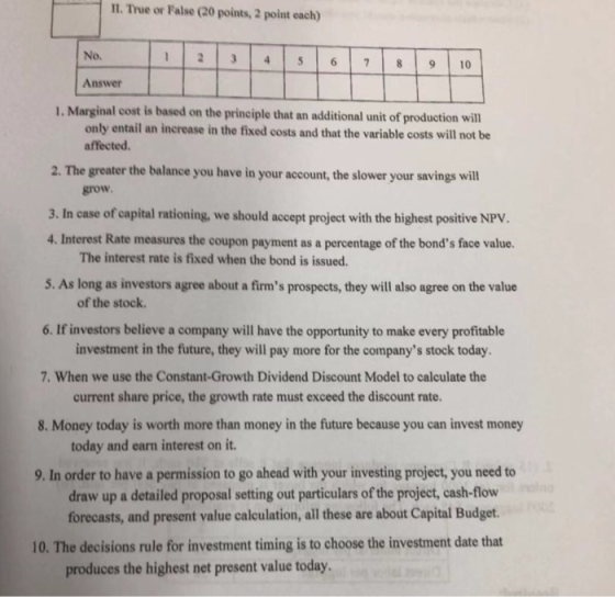 1. True or False (20 points, 2 point each) 12 678 9 10 No. Answer 1. Marginal cost is based on the principle that an aditional unit of production wil only entail an increase in the fixed costs and that the variable costs will not be affected 2. The greater the balance you have in your account, the slower your savings will grow 3. In case of capital rationing, we should accept project with the highest positive NPV. 4. Interest Rate measures the coupon payment as a percentage of the bonds face value. 5. As long as investors agree about a firms prospects, they will also agree on the value 6. If investors believe a company will have the opportunity to make every profitable The interest rate is fixed when the bond is issued. of the stock. investment in the future, they will pay more for the companys stock today current share price, the growth rate must exceed the discount rate today and earn interest on it. draw up a detailed proposal setting out particulars of the project, cash-flow 7. When we use the Constant-Growth Dividend Discount Model to calculate the 8. Money today is worth more than money in the future because you can invest money 9. In order to have a permission to go ahead with your investing project, you need to forecasts, and present value calculation, all these are about Capital Budget. 10. The decisions rule for investment timing is to choose the investment date that produces the highest net present value today
