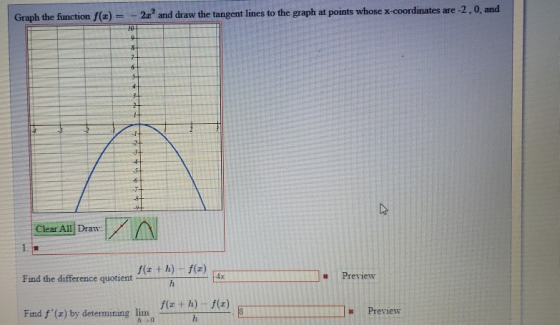 Graph the function f(x) = -2, and draw the tangent lines to the graph at points whose x-coordinates are -2,0, and Clear All D