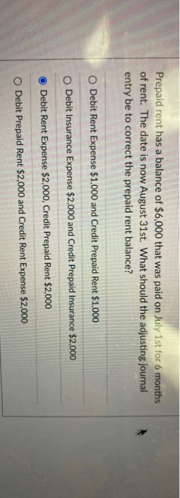 Prepaid rent has a balance of $6,000 that was paid on July 1st for 6 months of rent. The date is now August 31st. What should