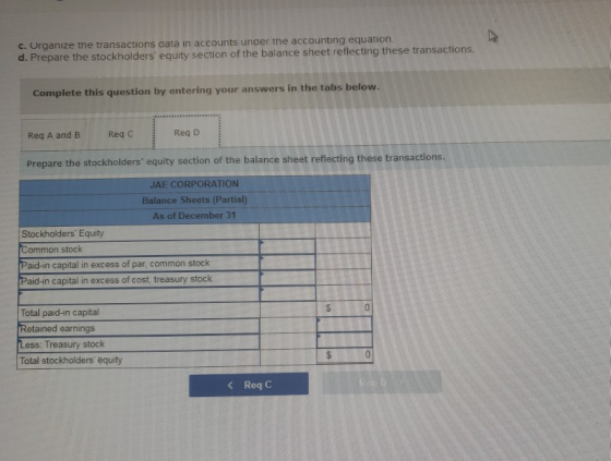 c. Organize the transactions data in accounts under the accounting equation. d. Prepare the stockholders equity section of t