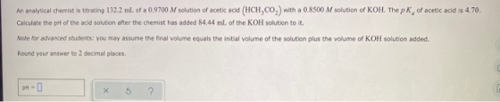 An analytical chemist is titrating 132.2 mL of a 0.9700 M solution of acetic acid (HCH,CO2) with a 0.8500 M solution of KOH.