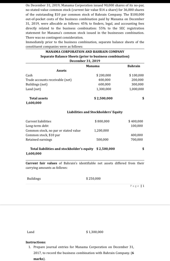 On December 31, 2019, Manama Corporation issued 90,000 shares of its no-par, no-stated-value common stock (current fair value