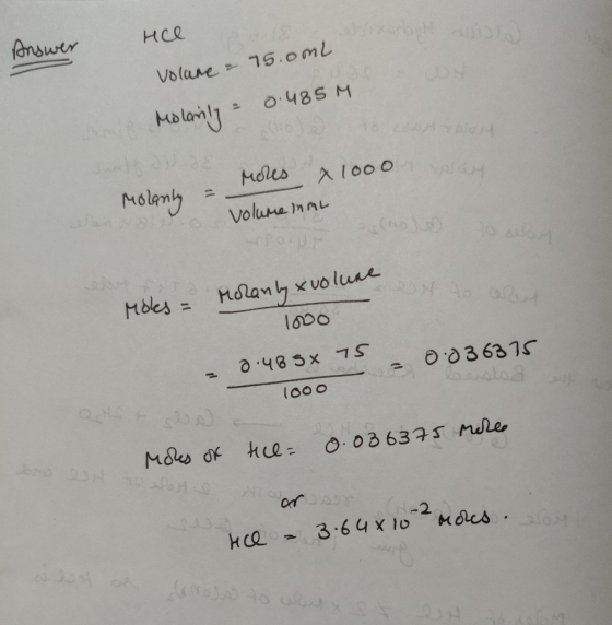 нса Answer Vola - 15.omb Molarily 0.485M Кол х1 оо о н Molanly volumenme нь а? Moks = rolanly x volune 16Do - о -485x 1s - од