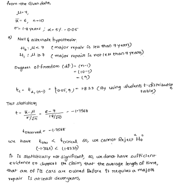 from the Given data, M=7, x=6, n10 o=118 years: 2-54. - 0:05 Nulle alternate hypothesis Ho: M<7 major repair is less than 7 y