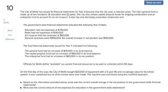 Check my work 10 The City of Wolfe has issued its financial statements for Year 4 (assume that the city uses a calendar year)