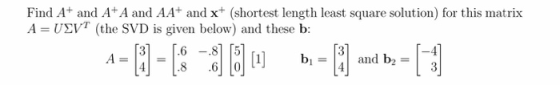 Find A+ and A+A and AA+ and x+ (shortest length least square solution) for this matrix A UVT (the SVD b: s given below)and th